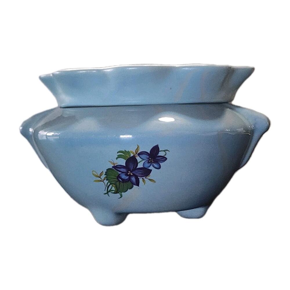 Vintage African Violet Self Watering Planter Blue Ceramic Hand Painted Flowers - Picture 2 of 9